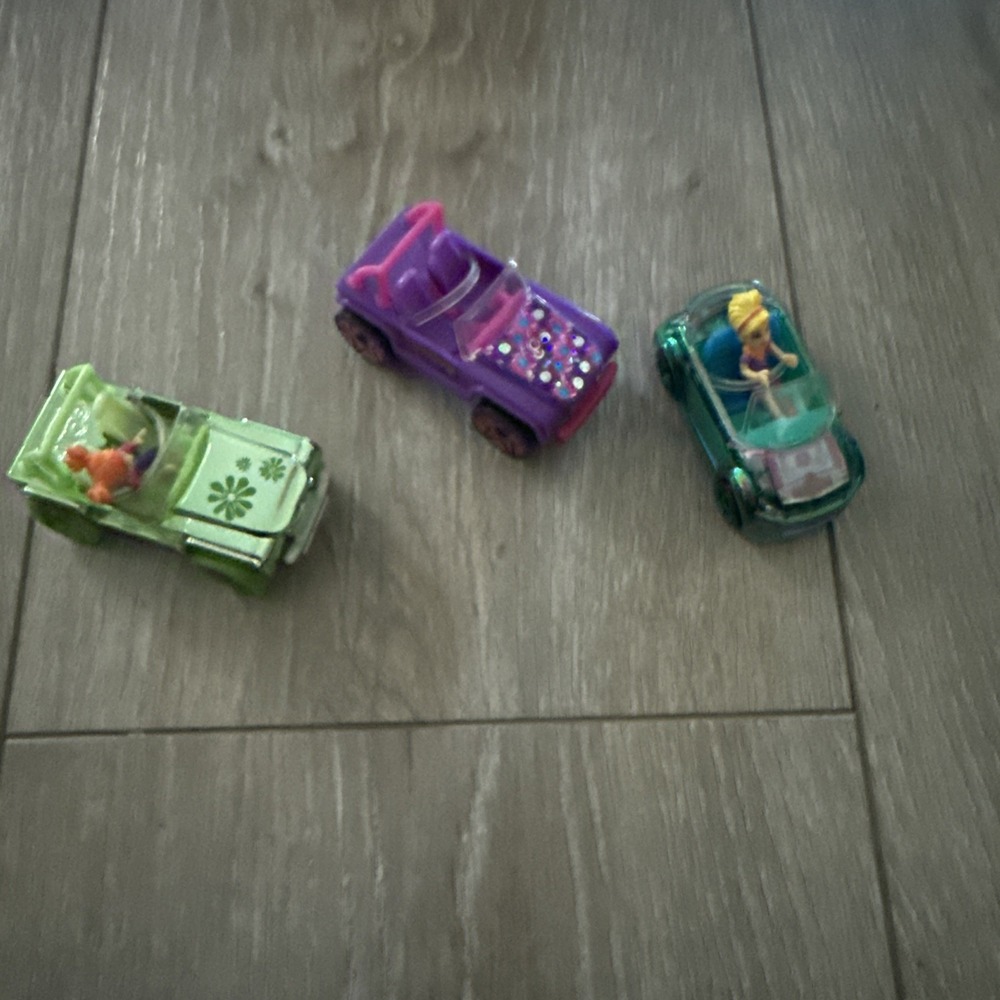 3 Mattel Polly Pockets Jeep Green Chrome Blue Bug Purple Jeep Cars W/ 2 Dolls